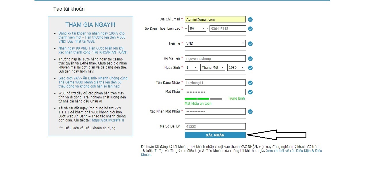 đăng kí tài khoản w88